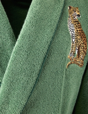 Yves Delorme Green Contes Leopard-embroidered Cotton-blend Bathrobe In Green