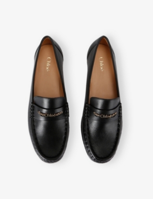 Chloé Leather Logo Chain Penny Loafers In Black