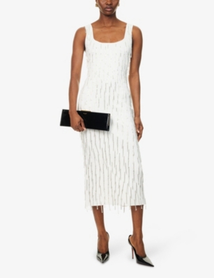 Shop Galvan Womens Embellished Scoop-neck Knitted Midi Dress Pearl White