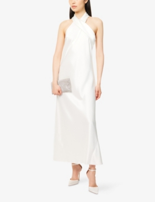 Shop Galvan Womens Off White Pandora Halterneck Woven Midi Dress