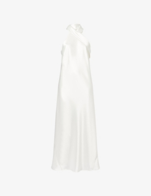 Shop Galvan Womens Off White Pandora Halterneck Woven Midi Dress