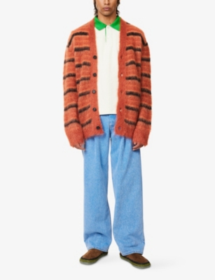 Marni Mens Clay V-neck Graphic-intarsia Knitted Cardigan In Brown