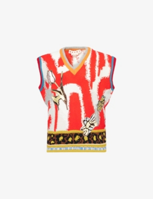 Marni Mens Glass Graphic-intarsia V-neck Virgin-wool Knitted Vest In Transparent