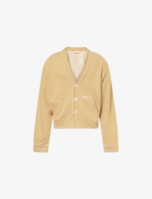 Marni Cropped Cardigan Sweater With Horizontal Stripes And Logo Detail In Multi