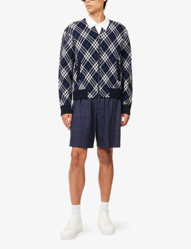 Check-Weave Knitted Bomber Jacket