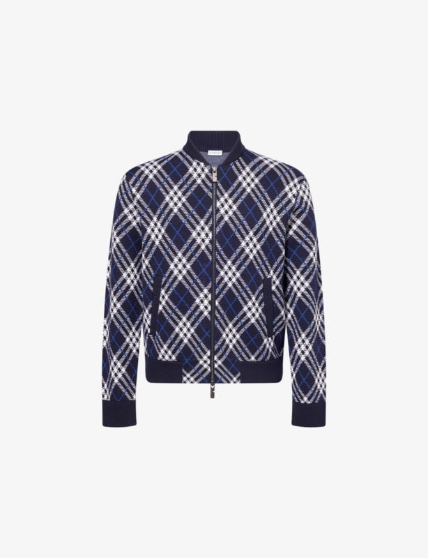 Check-Weave Knitted Bomber Jacket