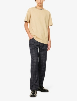 Burberry Men Beige Crewneck T-shirt With Check Motif On The Collar In Cotton Man In Neutral