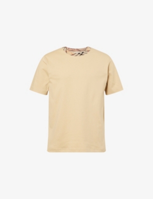 Burberry Men Beige Crewneck T-shirt With Check Motif On The Collar In Cotton Man In Neutral