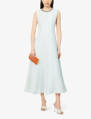 Roland Mouret Womens Mint Rhinestone-embellished Sleeveless Wool And Silk Midi Dress In Blue