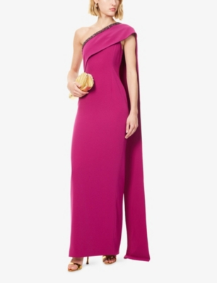 ROLAND MOURET: Embellished-Sash One-Shoulder Woven Gown