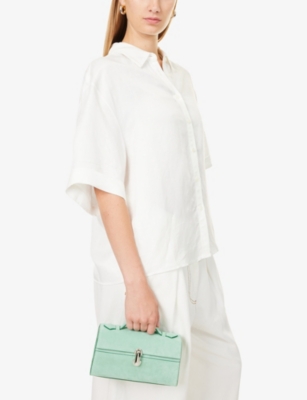 Savette Womens Jade Slim Symmetry Pochette Suede Top-handle Bag In Green