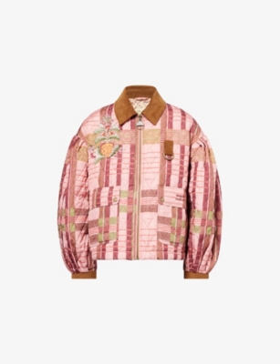 Barbour Womens Pink Tartan/beige  X Farm Rio Anaclara Quilted Woven Jacket Xs In Multi