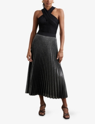 REISS: Taylor Metallic Pleated Woven Midi Skirt
