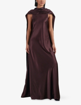 Reiss Womens Burgundy Fae Cape-detail Satin Maxi Dress In Brown