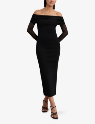 Reiss Womens Black Angelica Off-shoulder Stretch-knit Midi Dress Xs In Black