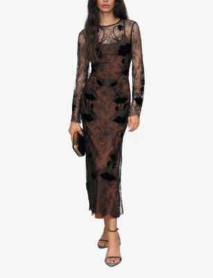 Reiss Womens Black Lulu Lace-overlay Woven Midi Dress In Animal Print