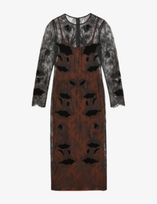 Reiss Womens Black Lulu Lace-overlay Woven Midi Dress In Animal Print