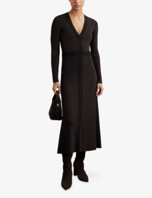 REISS: Laura V-Neck Knitted Midi Dress
