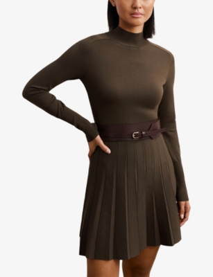 Reiss Womens Mocha Brown Lici Belted-waist Stretch-knit Mini Dress In Brown