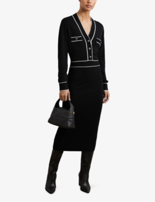 Reiss Womens Black Ivory Lorrie Contrast-trim Wool And Cashmere-blend Midi Dress Xs In Black