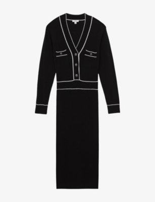 Reiss Womens Black Ivory Lorrie Contrast-trim Wool And Cashmere-blend Midi Dress Xs In Black