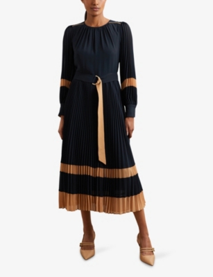 Reiss Womens Navy Camel Tori Colour-block Woven Midi Dress In Multi