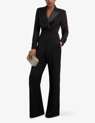 Reiss Womens Black Perla Sheer-sleeve Woven Tuxedo Jumpsuit In Black