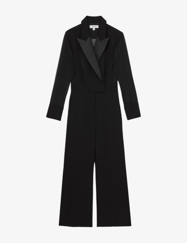 Perla Sheer-Sleeve Woven Tuxedo Jumpsuit