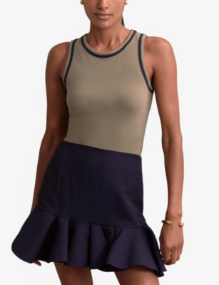 Reiss Womens Khaki Green Navy Becca Contrast-trim Stretch-cotton Vest In Neutral