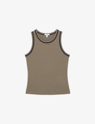 Reiss Womens Khaki Green Navy Becca Contrast-trim Stretch-cotton Vest In Neutral