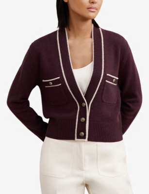 Reiss Womens Burgundy Neutral Eloise Contrast-tipping Wool And Cashmere-blend Cardigan Xs In Purple