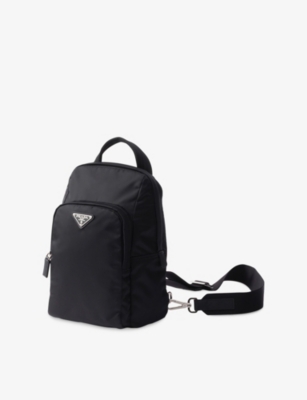 Prada Mens Black Logo-plaque Re-nylon And Saffiano-leather Backpack In Black