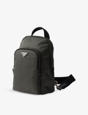 Prada Mens Green Logo-plaque Re-nylon And Saffiano-leather Backpack