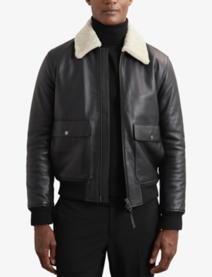 REISS: Shaker Shearling-Collar Leather Jacket