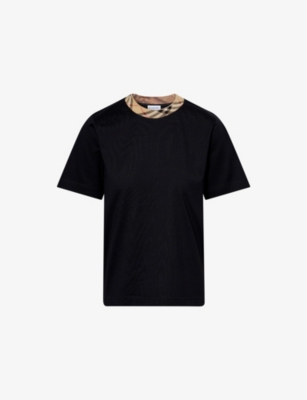 Burberry Womens Black Boxy-fit Check-collar Cotton-jersey T-shirt