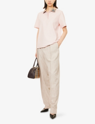 BURBERRY: Check-Collar Logo-Embroidered Cotton Polo Shirt