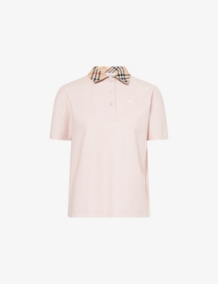 BURBERRY: Check-Collar Logo-Embroidered Cotton Polo Shirt