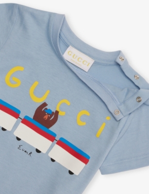 Gucci Frost Wind/mc Crewneck Graphic-print Cotton-jersey T-shirt 3-36 In Blue