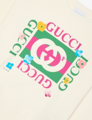 Gucci New White/mc Branded-print Cotton-jersey Sweatshirt 4-12 In White