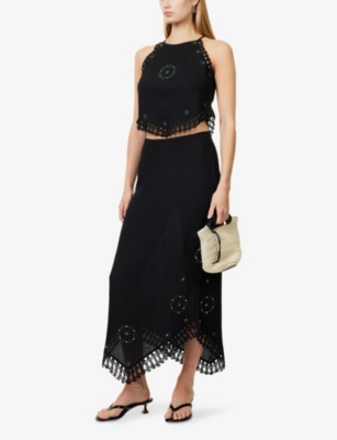 Rixo London Womens Imola Rose-embroidered Linen-blend Midi Skirt Rose Trail Black In Black