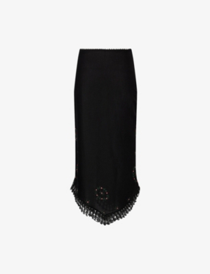 Rixo London Womens Imola Rose-embroidered Linen-blend Midi Skirt Rose Trail Black