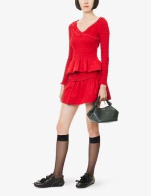 Damson Madder Womens Suri Shirred V-neck Cotton-poplin Blouse In Red