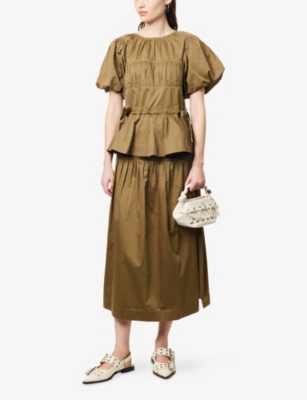 Damson Madder Josie Drop Waist Organic Cotton Midi Skirt In Brown