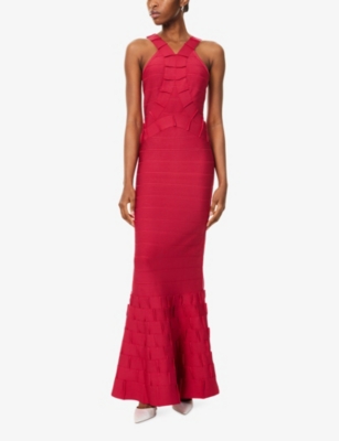 Herve Leger Womens Hibiscus The Phoebe Gown Sleeveless Stretch-knitted Maxi Gown Xs In Red