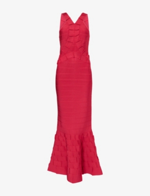 Herve Leger Womens Hibiscus The Phoebe Gown Sleeveless Stretch-knitted Maxi Gown Xs In Red