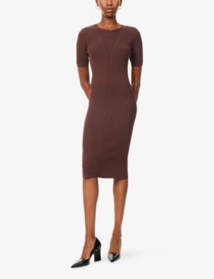 Herve Leger Womens Coffee The Alina Dress Short-sleeve Stretch-knitted Midi Dress In Brown