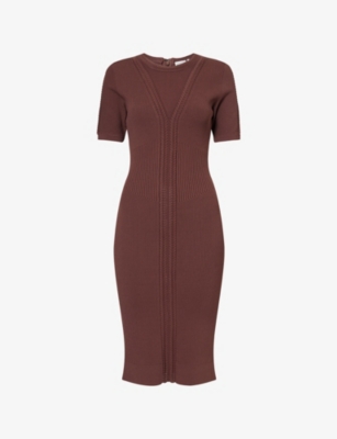 Herve Leger Womens Coffee The Alina Dress Short-sleeve Stretch-knitted Midi Dress In Brown