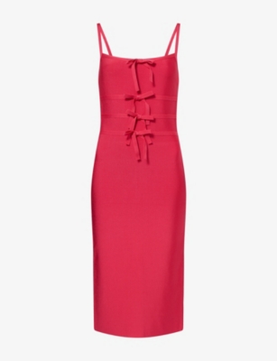 Herve Leger Womens Hibiscus The Alicia Bow Stretch-knitted Midi Dress In Red
