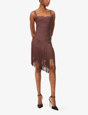 Herve Leger Womens Coffee The Josephine Fringed Stretch-knitted Mini Dress Xs In Brown