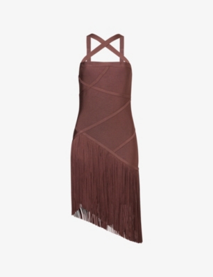 Herve Leger Womens Coffee The Josephine Fringed Stretch-knitted Mini Dress Xs In Brown